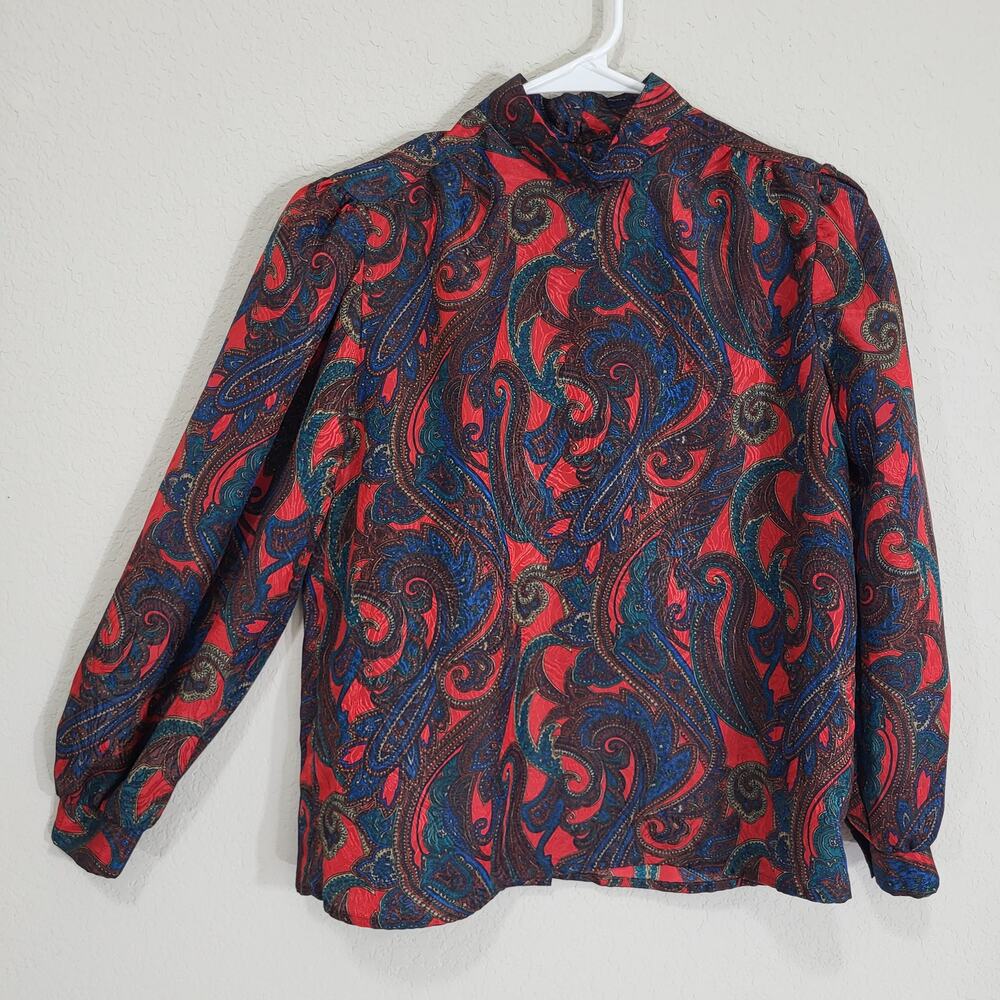 Vintage Blouse Jeri Marque Womens Small Red Paisley High Neck 80s 90s Office